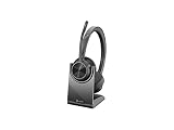 Poly – Auriculares inalámbricos Voyager 4320 UC con soporte de carga – Auriculares con micrófono de brazo – Se conectan a PC/Mac con el adaptador Bluetooth USB-A y a celulares a través de Bluetooth