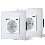 BSEED Enchufe Pared con 20W USB y Tipo C,Enchufe USB C de Cristal,Carga Rápida,3 en 1，Fácil Instalación,1 Enchufe-2 Pack,86mm Blanco