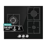 Hisense GG633B - Placa Cristal Gas, Integrable, Ancho 58cm, 3Fuegos | AlxAnxFn 10x58x51cm, Cristal Negro, Zona Grande Wok, Soporte Hierro Forjado, Quemadores Pro, Encendido una mano