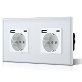 BSEED Enchufe Doble con USB C,Enchufes Pared con Cristal,Schuko Enchufe Simple 16A 250V,Toma de Corriente para Cocina,Dormitorio,Oficina,Hotel,M Serie,2 Enchufes con USB y Tipo C,157mm Blanco