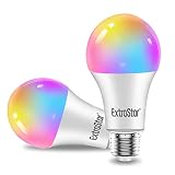 EXTRASTAR Bombilla Alexa LED Intelligente E27, 15W, 1400lm, Regulable Multicolor + Luz Cálida o Blanca, 16 Millones de Colores, Funciona con Alexa y Google Home, Pack de 2 Unidades
