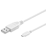 PremiumCord Cable de Conexión USB - Micro USB 2m, Macho a Macho, Cable de Datos de Alta Velocidad 480Mbit/s, 5 Pines, 2X Blindados, AWG28, Color Blanco, 2m