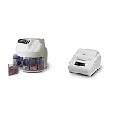 Safescan 1250 EUR contadora y clasificadora de monedas que cuenta y separa monedas mezcladas por denominación + Safescan TP‑230 impresora térmica gris para imprimir los resultados de conteo
