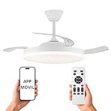 NARVI Ventilador de techo con 3 Palas retráctiles transparentes, Motor DC 30W, Luz LED 60W Regulable en intensidad y color, con Memoria y Mando a distancia Blanco.