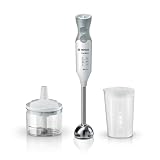 Bosch Ergo Mixx MSM66120 - Batidora de mano, 600 W, regulador de velocidad y velocidad Turbo, cúpula con cuatro cuchillas, con picador y vaso de mezclas, color blanco y gris