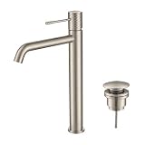 IMEX - Grifo monomando con caño alto para lavabo con tecnologia la apertura en frío - Monomando alto para Lavabo Sobre Encimera - Tipo Bol - Grifería Moderna, Válvula Incluida - Níquel Cepillado