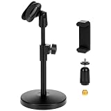 QWORK® Soporte microfono mesa multifuncional, pie de microfono ajustable con clip teléfono móvil, conector de 5/8 pulgadas a rosca de 3/8 pulgadas, para conferencias, transmisiones en vivo