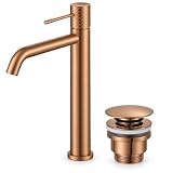 IMEX - Grifo monomando con caño alto para lavabo con tecnologia la apertura en frío - Monomando alto para Lavabo Sobre Encimera - Tipo Bol - Grifería Moderna Válvula Incluida Oro Rosa Cepillado PVD