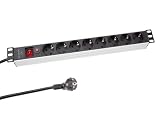 Perel Regleta PDU 8 enchufes Schuko Tipo F con Interruptor y protección contra sobretensiones, Cable 2,15 m H05VV-F 3G1.5, 3680 W para Rack 19' y Armario Servidor