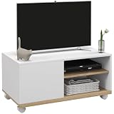 HOMCOM Mueble de TV con Ruedas, Mesa de TV Móvil, hasta 32 Pulgadas Blanco | Mueble para Televisión, 1 Puerta, 2 Compartimentos Abiertos, Estante Ajustable, Salón, Comedor, Dormitorio