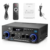 AK50 Amplificador de Audio Estéreo 2.0 Canales, Bluetooth 5.3 | Radio FM y Micrófono 50W+50W RMS, Control de Graves/Agudos, Compatible con TV, Smartphone, Coche, PC y Karaoke