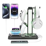 KDD Soporte Auriculares Gaming LED, Soporte Mando PS5 con Carga Inalámbrica | Soporte Cascos Universal con 2 Puertos USB & Tipo C & 9 Modos Luz para Escritorio Xbox Nintendo Accesorios Gaming, Negro