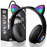 OHAANYY Auriculares Bluetooth Niños Cascos Orejas Gato Plegables Micro | Cascos inalámbricos luminosos LED, límite de volumen seguro 98dB, modo cable para chicas, ranura tarjeta TF, sonido estéreo