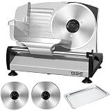YASHE Cortadora de Fiambre, Motor DC Silencioso, 2 Cuchillas de 19 cm | Cortafiambres Eléctrico, Grosor Ajustable 0-15mm, Cuchillas Dentada y Lisa, Bandeja Inox, Bloqueo de Seguridad, 200W