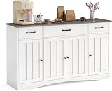 Xbro Aparador de Cocina 140 cm, 3 Cajones, 4 Puertas y Encimera | Mueble auxiliar tipo buffet con estantes ajustables, acabado blanco y efecto madera, para comedor, salón y recibidor