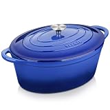 Velaze Olla de Hierro Fundido 34 cm, Cacerola Holandesa de Esmaltado Antiadherente Anticorrosiva Oval de Color Azul con Tapa, para Cocina Estofado, Paella, Ollas de Gran Capacidad - 7 L