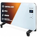 ECODE® Radiador electrico 2000W de Cristal | Silencioso y Programable | Control por Wifi | Uso con Ruedas, Patas o Pared | Temporizador | 2 Potencias | Apto para Baños (IP24) | Pantalla Táctil