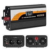 Inversor de voltaje CC 12 V/24 V a CA 230 V inversor sinusoidal puro 1300 W/3000 W con 2 enchufes europeos, tipo C, USB y pantalla LCD, adaptador de corriente para coche, camión, caravana, camping