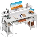 Xyphren Escritorio con 2 cajones, Estante Lateral Ajustable en Altura, Soporte Monitor, Enchufe y Bandeja Teclado, Escritorio Gaming para Home Office, Oficina y salón,120x50cm, Blanco