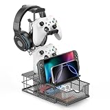 KDD Soporte Auriculares Gaming Universal & Soporte Mando PS5 con Cajón | Soporte Cascos Gaming con Organizador de Cables & Barra de Apoyo de Aluminio para Gamer Juegos PS4 Accesorios Gaming PC