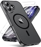 FLLAO Funda para iPhone 16, Compatible MagSafe, con 2 Piezas Protector de Pantalla Cristal Templado, [Protección de Cámara] Magnética Carcasa Translúcida Mate Trasera Fina Antigolpes, Negro