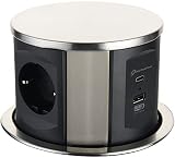 Electraline 62571 ENCHUFE MULTIUSOS CIRCULAR EMERGENTE Enchufes: 3 x Schuko 16 A, (2 USB 3.1 A: 1 tipo A + 1 tipo C, cable de 2 m), Orificio de fijación: Ø 120 mm, Grosor de la mesa: máx. 60 mm