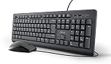 Trust Taro - Juego de teclado y ratón con cable, diseño alemán QWERTZ, teclas silenciosas y botones de ratón, a prueba de salpicaduras, puerto USB, para PC, portátil, MacBook, Windows, MacOS, color