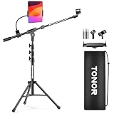 TONOR Soporte de Micrófono con Soporte para Tableta y Móvil, Trípode Suelo con Altura y ángulo Ajustables, Soporte Resistente para Conciertos Videoconferencias Escenarios con Bolsa de Transporte, T35