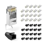 VCELINK Conectores RJ45 Cat 7 Cat6A Blindado Pasante, 20 Unidades, negro | 10 Gbit/s, para cable de Cat7/Cat6A apantallado, PoE, con guía de inserción y protección contra dobleces, para Switch/TV/PC