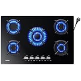 WEHIMO Encimera de Gas 5 Placas, Cocina de Gas 77cm, Encimera de Gas de Vidrio Integrada Grosor 8 mm, Encimera de Gas Negra con Protección Automática de Llama, Estufa de Gas para Gas Natural o LPG