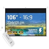 iggual Pantalla Proyección 106' Pulgadas Eléctrica Enrollable -Panorámica 16:9 -Caída Ajustable -Mando Distancia e Interruptor Aux- Apto Pared/Techo -Compatible 4k y Cualquier Proyector (234x131 cm)