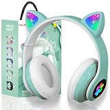 OHAANYY Auriculares Bluetooth Niños Cascos Orejas Gato Plegables Micro | Cascos inalámbricos luminosos LED, límite de volumen seguro 97dB, modo cable para chicas, ranura tarjeta TF, sonido estéreo