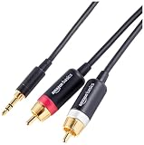 Amazon Basics Cable de Audio y Adaptador, de 3,5 Auxiliar a 2 RCA, para amplificadores, Altavoces Activos con Conectores chapados en Oro, 1.2 m, Negro