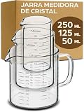 Praknu 3 Jarras Medidoras de Cristal 50/125/250 ml – Vaso Medidor Cocina | Escala precisa fácil de leer, aptas para el lavavajillas, cuchara de madera FSC incluida, para hornear, cocinar & mezclar