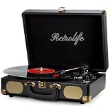 Retrolife Tocadiscos de Vinilo Portátil 3 Velocidades Maleta, Negro Vintage | Bluetooth Tocadiscos, Correa, 33/45/78 RPM, Altavoces Incorporados, Salida de línea RCA, Entrada AUX, Toma de Auriculares