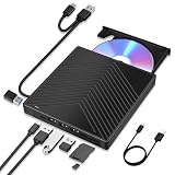 7 en 1 Lector CD DVD Externo para PC Windows 11 10, USB 3.0 y Tipo-C CD portátil DVD +/-RW ROM Lector grabadora con Ranura SD/TF, 4 Puertos USB y USB-C, Reproductor de DVD Delgado para Linux, Mac OS