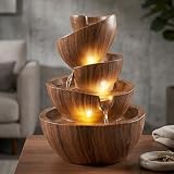 Fuente LED para interior y exterior de poliresina de 39 cm de alto con focos LED de luz blanca cálida, fuente de jardín, fuente decorativa para sala de estar, oficina y jardín (Aspecto de madera de
