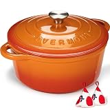 Overmont Olla de Hierro Fundido - Antiadherente Cacerola Holandesa de Esmaltado con Tapa - Ø26 CM Redonda Cacerola Holandesa para Cocinas de Inducción - Naranja