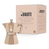 Bialetti Moka Exclusive Octagonal Induction 3 Tazas – Cafetera Espresso de Aluminio y Acero, Arena del Desierto – Compatible con Gas e Inducción