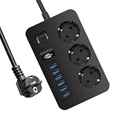 SDKDZKG - Regleta de 3 enchufes (13 A/3000 W) con Interruptor Individual, 6 Puertos de Carga USB (3,1 A/5 V, 1,8 m, Adaptador de Corriente para Cables, aplicable a oficinas y Viajes en casa (Negro)
