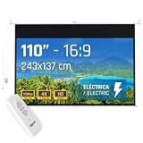 Iggual Pantalla Proyección 110' Pulgadas Eléctrica Enrollable -Panorámica 16:9 -Caída Ajustable -Mando Distancia e Interruptor Aux- Apto Pared/Techo -Compatible 4k y Cualquier Proyector (243x137 cm)