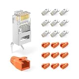 VCELINK Conectores RJ45 Cat 7 Cat6A Blindado Pasante, 10 Unidades, Naranja | 10 Gbit/s, para cable de Cat7/Cat6A apantallado, PoE, con guía de inserción y protección contra dobleces, para Switch/TV/PC