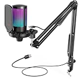 FIFINE Gaming Microfono para PC USB, RGB Kit de Micrófono de Condensador para Ordenador PS4 PS5, con Botón de Silencio, Filtro Anti-Pop, Soporte de Choque, Soporte Microfono