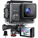 Surfola Cámara Deportiva 4K 30FPS, 20MP Videocámara de Casco WiFi con EIS Antivibración, Subacuática Buceo 40M con Micrófono Dual, Control Remoto, 2 Baterías, Varios Accesorios