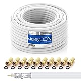 deleyCON HQ 20m Cable Coaxial SAT 130dB Blindado de 4 Capas DVB-S+S2 DVB-T DVB-C Cable de Banda Ancha 4K 1080p FULL HD HDTV 10 Conectores F Dorados