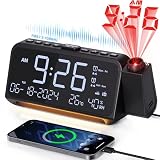Mesqool Radio Despertador Proyector de Techo con Proyector de 320°, Modo día laborable/Fin de Semana, 2 Alarmas, Cargador USB Tipo C, FM, Regulador de Intensidad, Temperatura, Humedad, Snooze, 12/24H