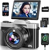 Cámara Digital 4K 64MP WiFi Autofocus Cámara Vlog, Pantalla Abatible 180° | Zoom digital 16X, tarjeta SD de 32 GB, antivibración, estación de carga y 2 baterías; cámara compacta para YouTube y viajes