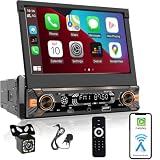 Alondy Radio Coche 1 Din pantalla táctil (7' Retráctil Automáticamente) compatible con [Wireless] Apple CarPlay/Android Auto Bluetooth Radio (FM/RDS) USB (Tipo-C carga rápida de 3A) Cámara de respaldo