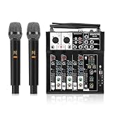 SOWOITIG Mesa de mezclas de karaoke con 2 micrófonos inalámbricos, mezclador de audio de 4 canales, consola de música, Soundboard, micrófono inalámbrico, consolas de mezclas con Bluetooth, puerto USB