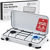 RUNA GOODS - Hornillo Gas Butano Portátil 2 Fuegos, Acero inoxidable, llama potente y estable, regulación precisa, camping, jardín, caravana, emergencias